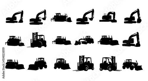 Collection of Black Silhouettes of Heavy Construction Equipment