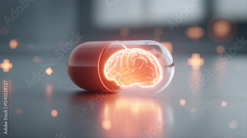 Illustrated brain encapsulated in a pill-shaped capsule, symbolizing breakthroughs in medical research and neuroscience advancement, healthcare campaigns, pharmaceutical advertising