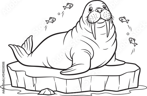 Cartoon Walrus on Ice Floe Surrounded by Fish Line Art Design