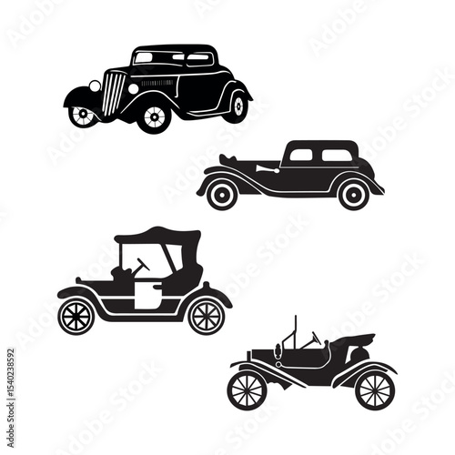 Silhouette icons of vintage classic cars, antique automobile vector set, retro car clipart for transportation history
