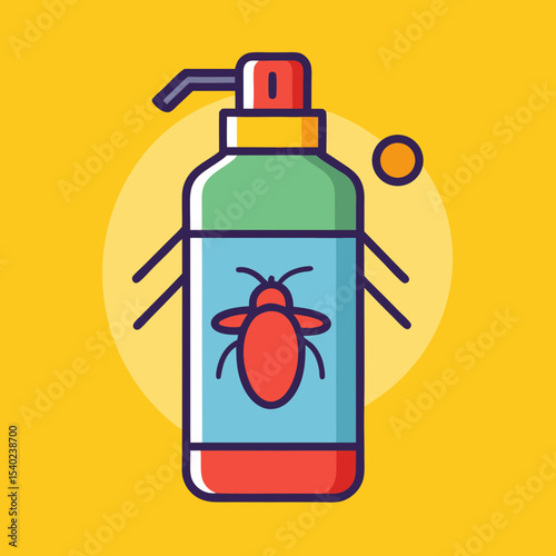 Colorful cartoon depiction of an insect repellant spray bottle with pest symbol