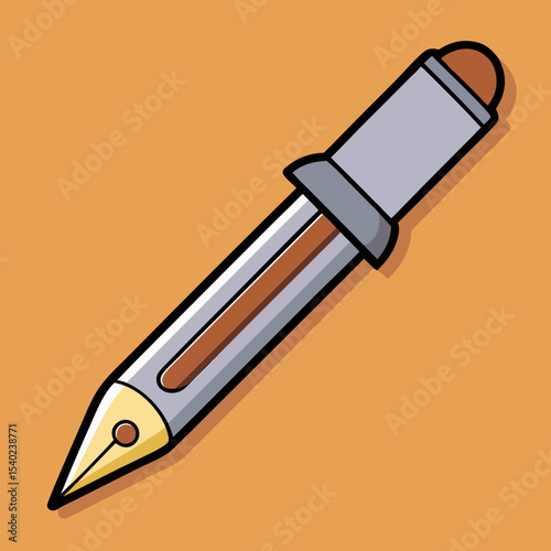 Cartoon fountain pen in silver and gold with orange background illustration