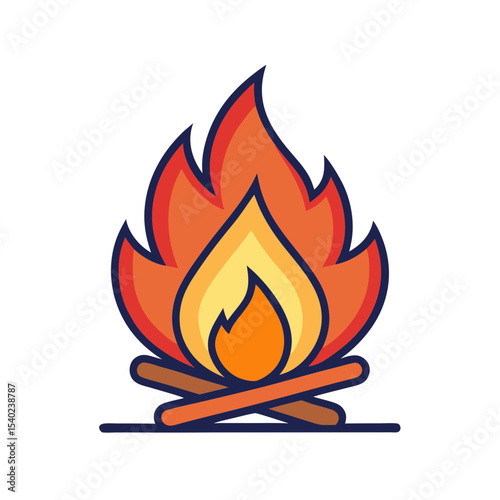 Cartoon campfire with orange and yellow flames on logs, vector illustration