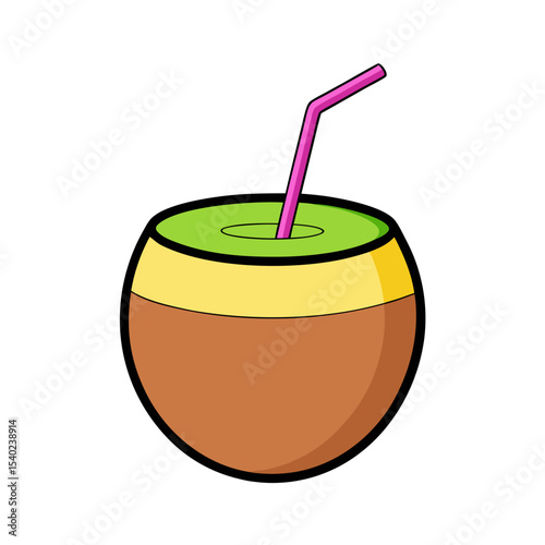 Cartoon illustration of a refreshing tropical coconut drink with a straw