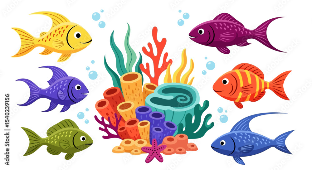 Naklejka premium Colorful Cartoon Fish Swimming Around a Vibrant Coral Reef Illustration