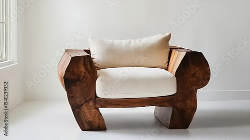 Unique wooden armchair with a plush cushion, set against a minimalist white background