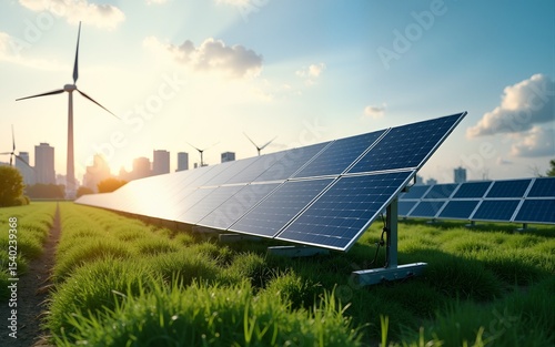 Ecological energy renewable solar panel plant with urban landscape landmarks. High quality