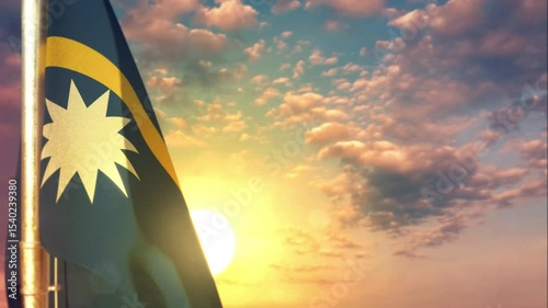 Nauru waving flag on beautiful sunset background
