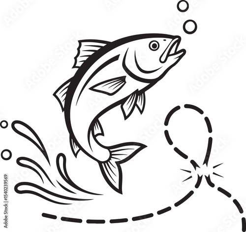 Excited fish jumps for a fishing line in a black and white illustration