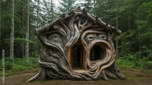Unique tree-like cabin nestled in a dense forest, showcasing organic design and natural beauty