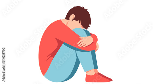 Depressed Figure in Red and Blue Clothing, Embracing Knees, Head Down.