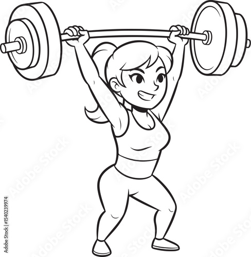 Cartoon Woman Performing a Clean and Jerk Olympic Weightlifting Exercise
