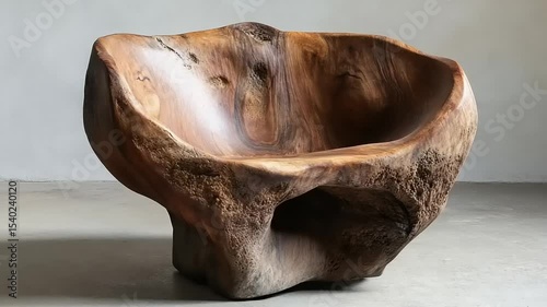 Unique wooden chair crafted from natural wood, showcasing organic shapes and textures in a minimalist setting