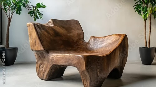 Unique wooden chair in modern interior with plants, showcasing organic design and tranquility