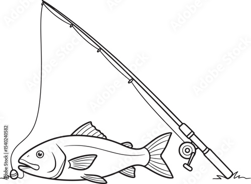 Line art illustration of a caught fish next to a fishing rod