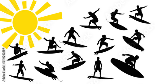 Silhouetted Surfers Catching Waves Under a Bright Yellow Sun