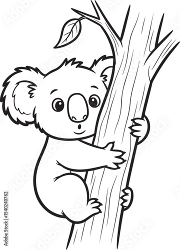 Cute Baby Koala Climbing Tree Cartoon Vector Illustration for Coloring Book