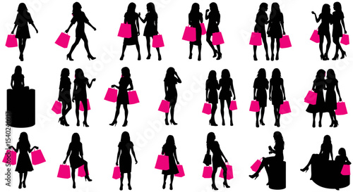 Silhouettes of Women Shopping with Pink Bags