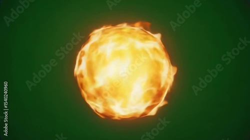 A bright, fiery sphere with swirling flames against a green screen background. The flames exhibit shades of orange and yellow, creating a dynamic visual effect.