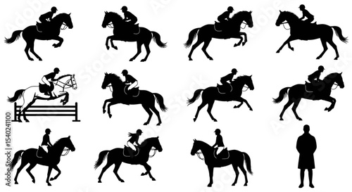 Silhouettes of Riders and Horses in Various Jumping Positions