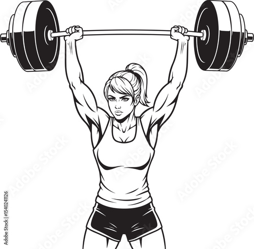 Strong woman weightlifter overhead pressing barbell with a determined expression and physique