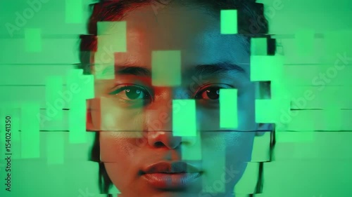 A young Black woman with braided hair is isolated against a green screen background. The image features a glitch effect, creating a distorted appearance.