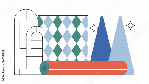 Abstract Geometric Composition with Building, Mountains, and Diamond Pattern