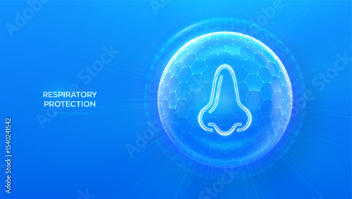 Human nose and respiratory system care. Protection from viruses, dust and allergens. Healthcare. Nose icon inside protection sphere shield with hexagon pattern on blue background. Vector illustration.