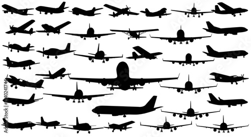 Tableau sur toile Diverse Silhouettes of Various Aircraft in Flight and Grounded Positions
