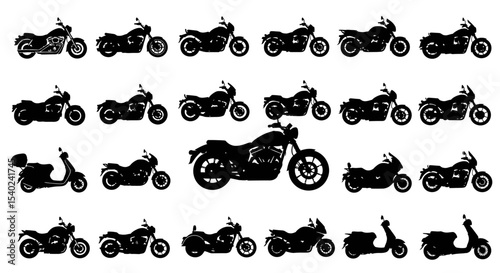 Diverse motorcycle and scooter silhouettes showcasing various styles and designs in a pattern