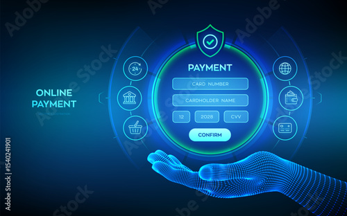 Online payment concept. Online banking digital technology. Online payment via banking application. Online shopping. Financial transaction. Digital interface in wireframe hand. Vector illustration.