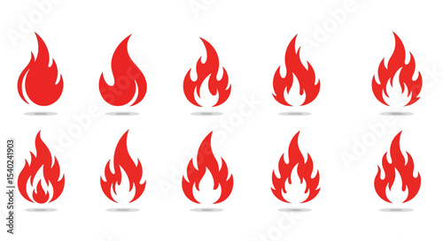 Ten Red Flame Icons: Variations of Fire Symbols
