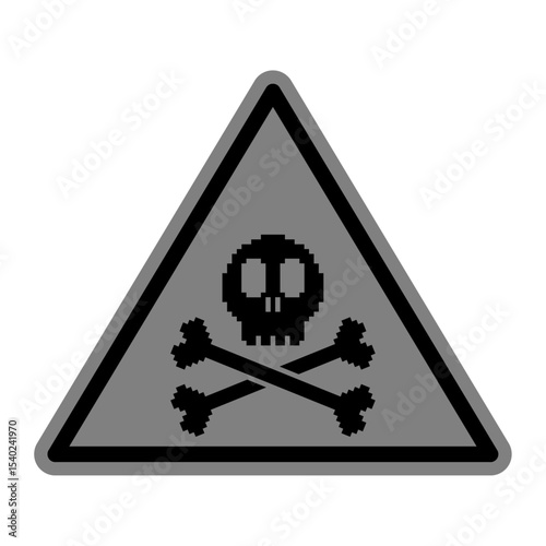 A triangular warning sign featuring a pixelated black skull and crossbones symbol. The icon has a retro 8-bit style and is used to indicate danger, poison, or hazardous material.
