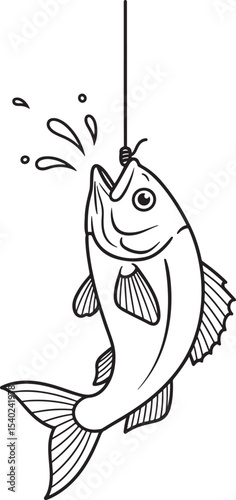 Cartoon Fish Caught on a Fishing Hook with Water Splash Illustration