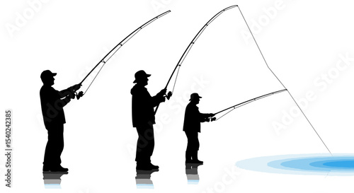Three Silhouetted Fishermen Casting Rods into Water