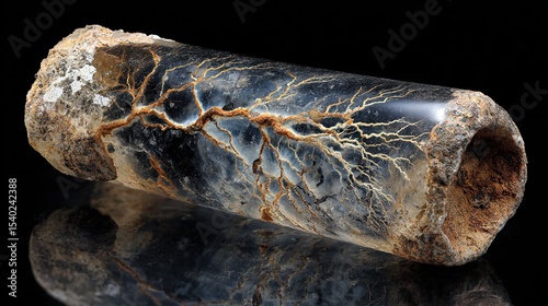 Fulgurite tube lumen background with vitrified sand veins in obsidian, lightning geology phenomenon.