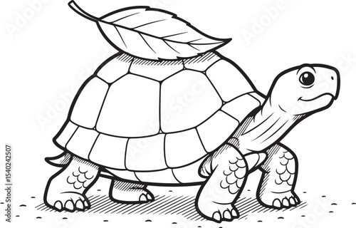 Line art drawing of a happy turtle carrying a leaf on its back