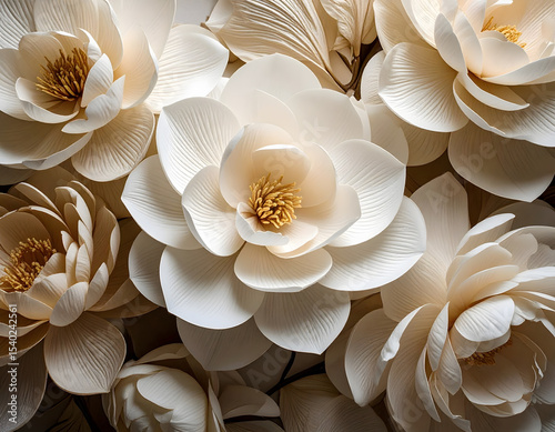 A close-up of several handcrafted, paper flowers with delicate petals and golden centers, creating an elegant floral arrangement.