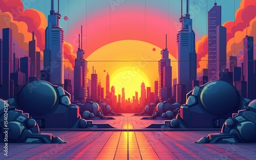 A colorful large wall with a stylized mural of a futuristic cityscape at sunset, large wall, mural. High quality
