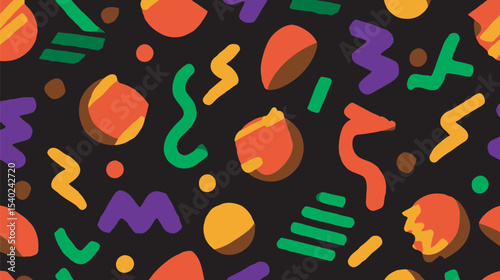 Abstract shapes scatter across a vibrant pattern design on black background