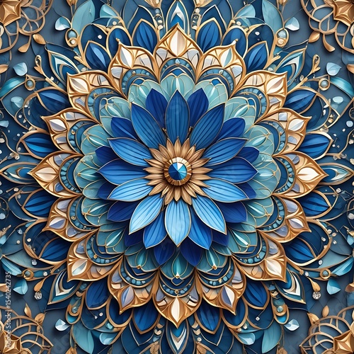 Intricate Blue and Gold Mandala A Stunning Floral Design