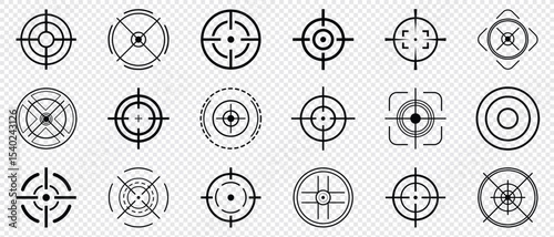 Target and aim icon set, crosshair, bullseye vector, precision, accuracy, and focus icon for aiming, archery, shooting, or navigation vector design. 