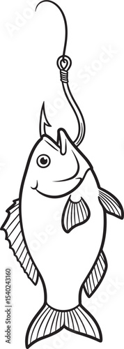 Black and white illustration of a fish caught on a fishing hook