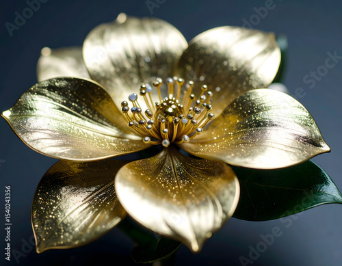 A meticulously crafted, golden flower brooch, showcasing intricate details and shimmering gold leaf.