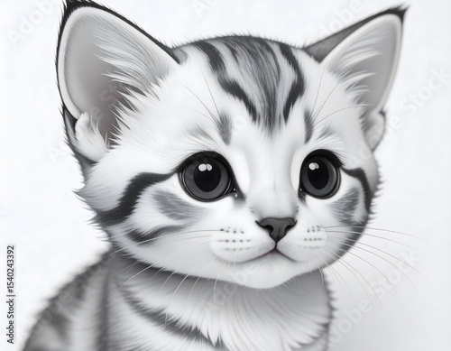 Adorable, wide-eyed kitten with striking striped markings looking directly at the viewer.