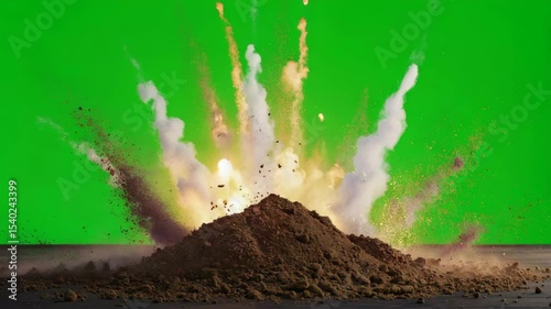 An explosion of dust and debris against a bright green screen background. The scene captures the dynamic movement of particles and smoke.