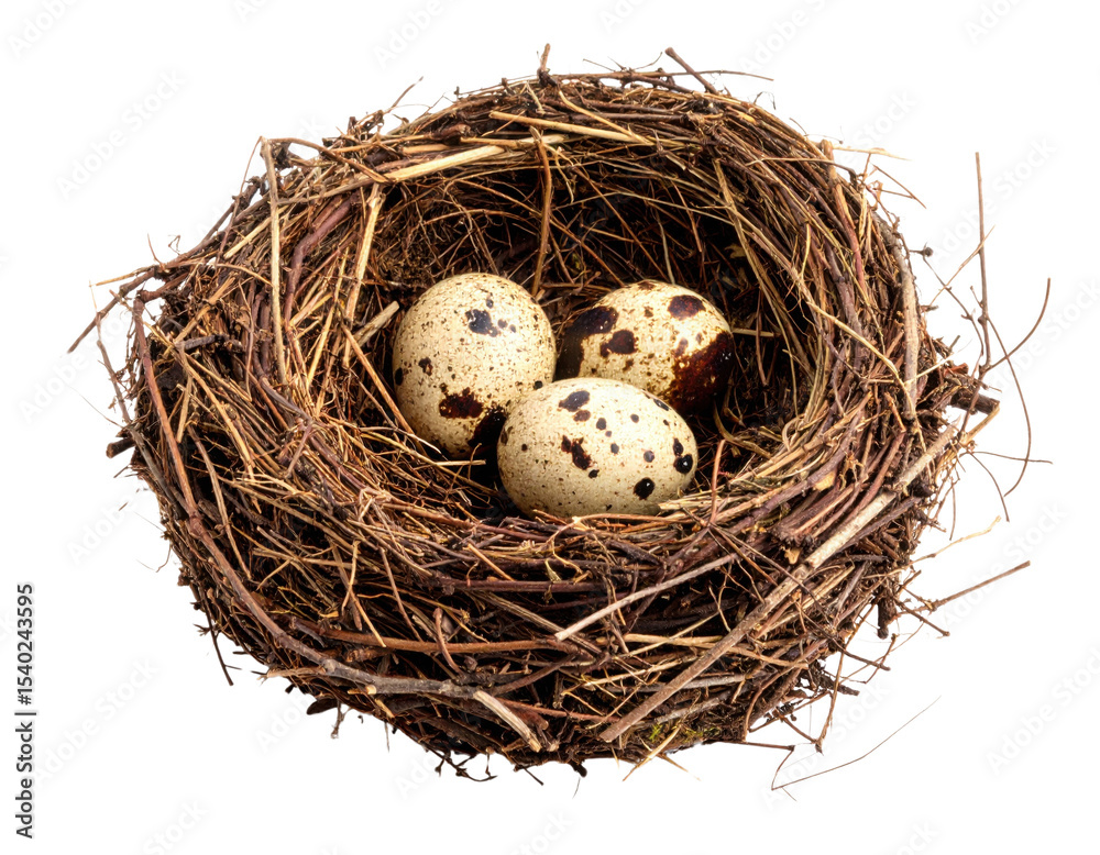Obraz premium A bird's nest made of twigs containing three speckled eggs with dark brown spots.