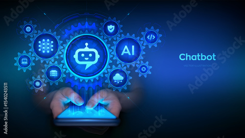 Chatbot. Using Chatbot app on smartphone. Smart assistant. Chatbot assistant conversation. AI. Artificial Intelligence and mobile technology concept. Neural network. AI agent. Vector illustration.
