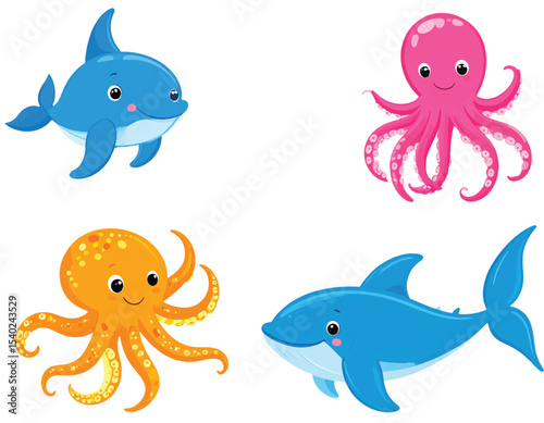 Funny cartoon sea animals set with fish, dolphin, octopus illustrations swimming underwater in the ocean suitable for children