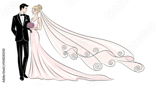 Elegant Bride and Groom Illustration with Flowing Veil and Bouquet